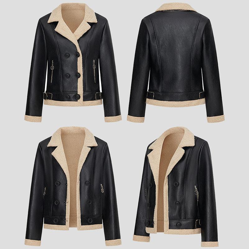 Women's Fleece Leather Jacket Thick Warm Flocked Leather Coat Turn-Down Collar PU Leather Jacket
