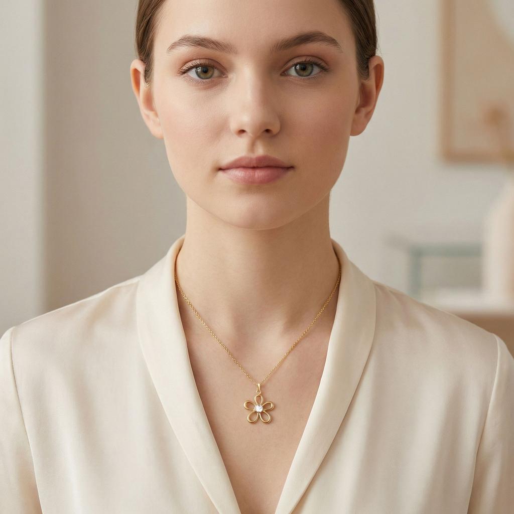 French Vintage Flower Necklace Zircon Stainless Steel Gold Color Hollow Floral Pendant Necklace for Women Non-Tarnish Jewelry