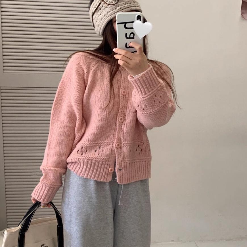Women's Soft Fluffy Knit Cardigan - Korean Style, Hollow Design, Spring Petite Top