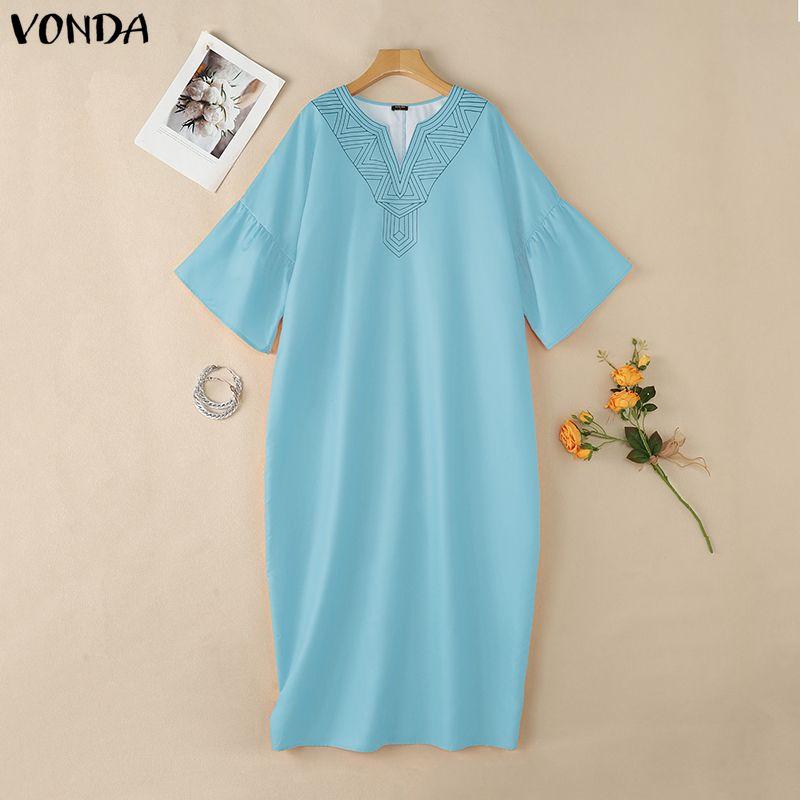 VONDA Women Ruffled 3/4 Sleeve Print Casual Long Baggy Maxi Robe Dress Nonelastic