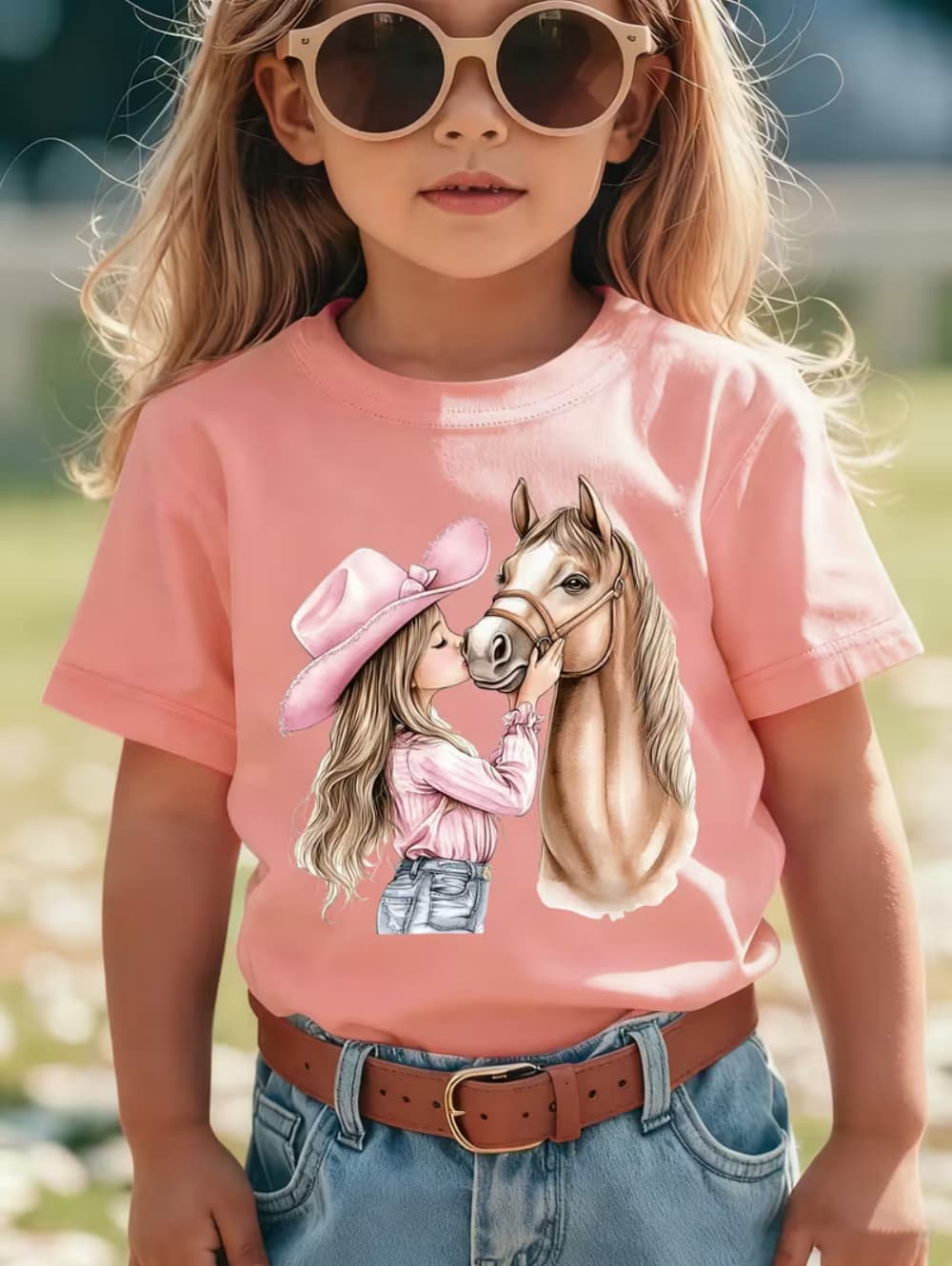 Girl Clothes Cute Girl Kisses Horse Print Summer Short Sleeve Casual Loose Kids Tops Outdoor Girls TShirt Childrens Clothing 100