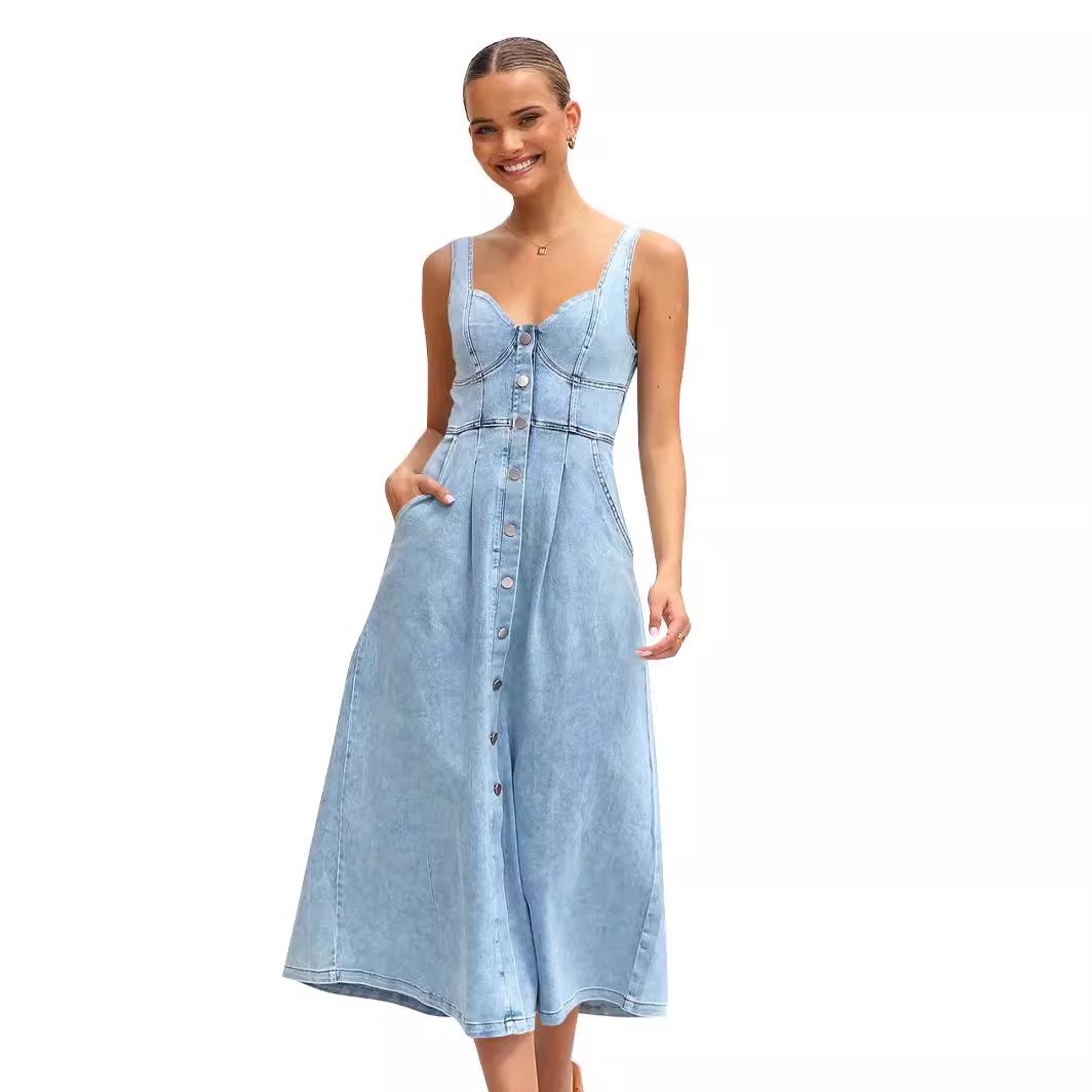 

Летняя Мода Женское Однотонное Джинсовое Макси-Платье на Бретельках - Без Рукавов с Карманами на Множестве Пуговиц Large светло-синий