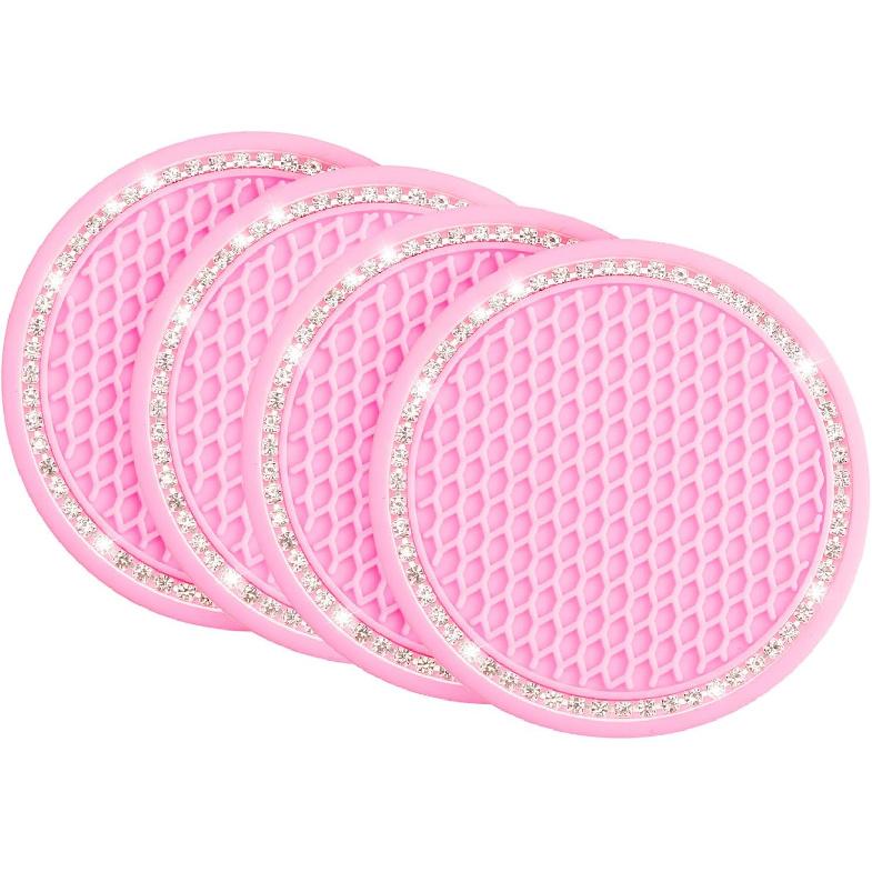 JOYTUTUS Cup Holder Coasters for Car, 2 Pack Universal Anti-Slip Car Coasters with Crystal Rhinestone, 2.75 inch/6.98 cm PVC Cup Holder ert Coaster,