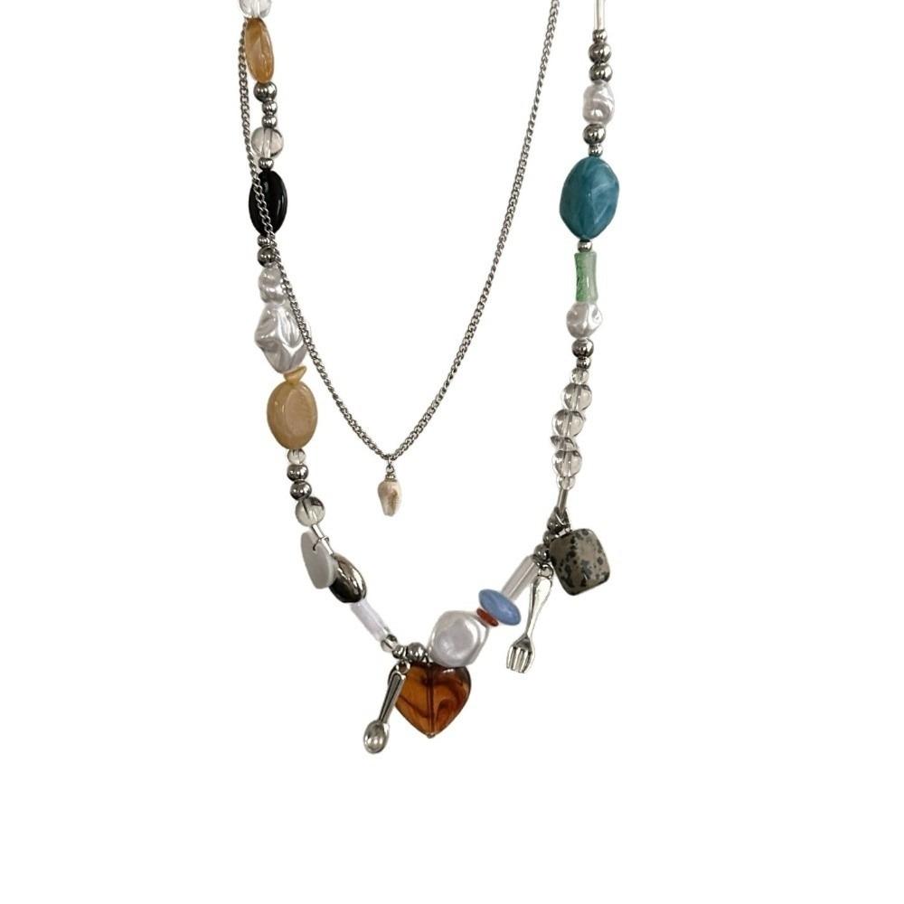 

2pcs Fork Heart-shaped Pendant Necklace Double-layer Clavicle Chain Irregular Stone Necklace Gift