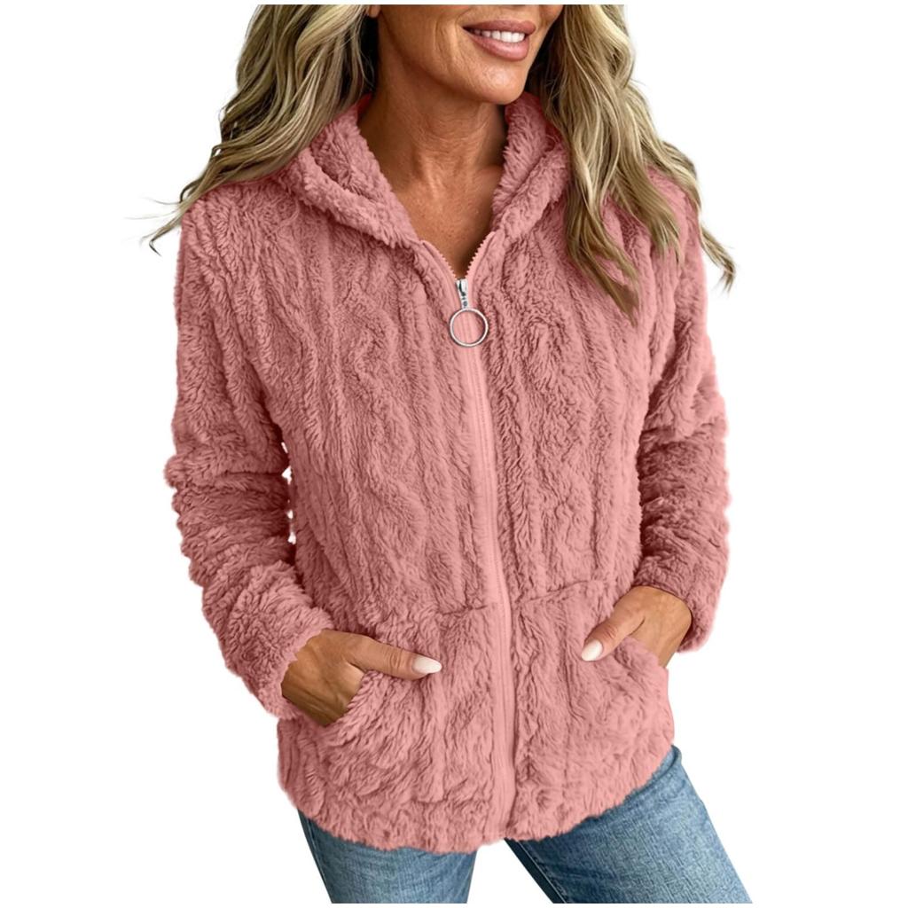Women's Color Double-Sided Plush Hooded Zip-Up Cardigan Jacket