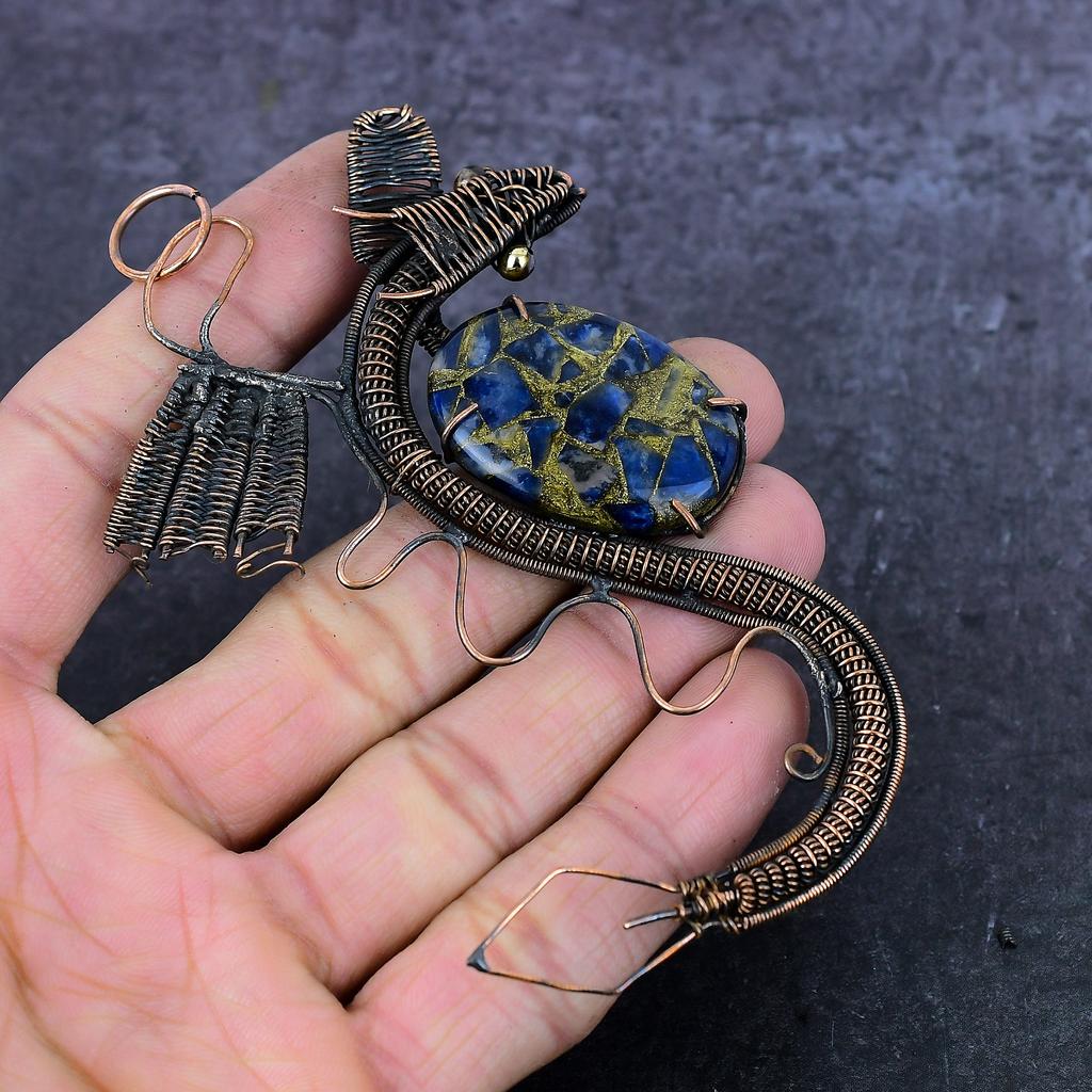 Natural Copper Sodalite Handmade Copper Wirewrap Dragon Gift Pendant 4.53" e2S80