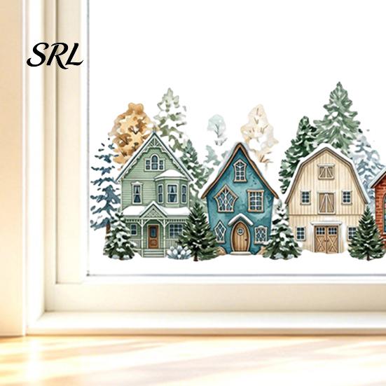 Weihnachtsfensterbilder Winterdorf Statische Aufkleber, Schneeflocke Schneemannhaus Partyzubehör Aufkleber, Abnehmbare Decals für Weihnachts-Schaufenster Haus