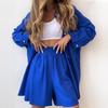 Spring  Cross-border Large Size Women's Fashion Set Long Sleeve Single-breasted Casual Loose Shorts Two-pieCe Set Women's