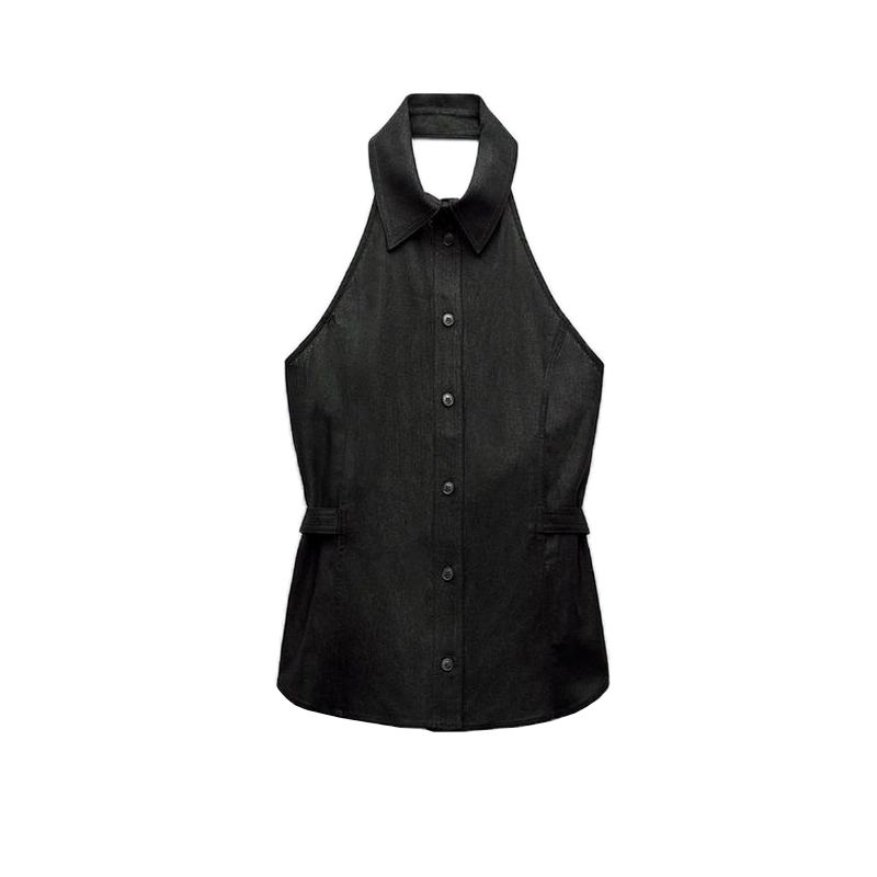 Spring New Fashion Sexy Style Sexy Open Back Buckle Decoration Linen Blended Hanging Collar Tops 8001709