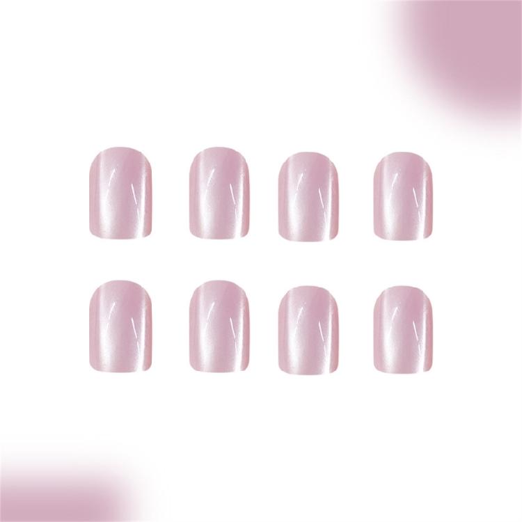 Press on Nail Short Square Fake Nail with Cats Eye Designs Glitters Glues on Nail Glossy False Nail Artificial Nail