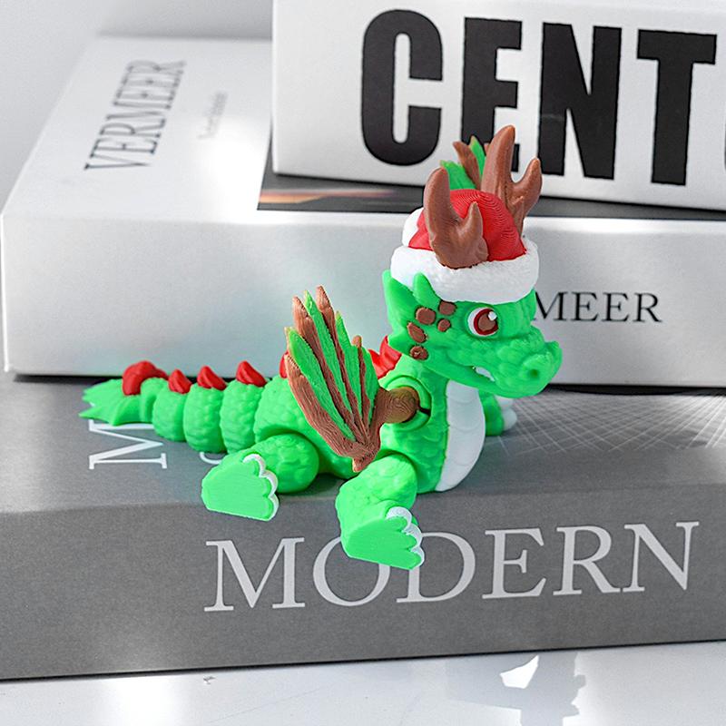 3D Printed Christmas Dragon Figure with Santa Hat Articulated Magic Dragon Model Toy Poseable Xmas Decor Ornament Kids Gift