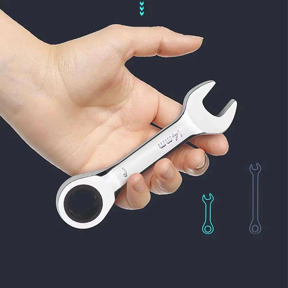 1Pcs New 6-19mm Ratchet Socket Spanner 72 Teeth Reversible Combination Stubby Single Wrench Steel Short Handle Nut Repair Tool