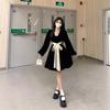 Plus Size Velvet French Lace-Up Bow Long Black Dress