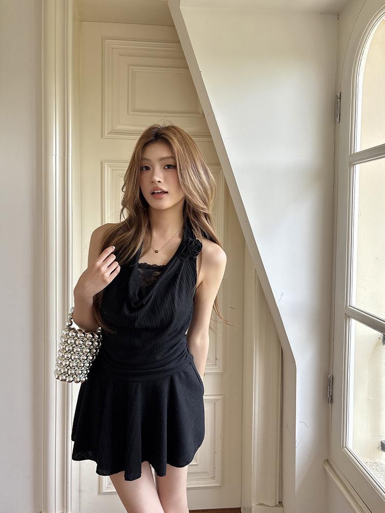 2026 Dark Elf Black Lace Halter Neck Sexy Two-Piece Dress - Women's Spring/Summer Collection