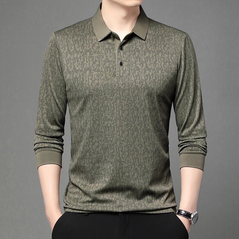 Mens Long Sleeve Jacquard Polo Shirt Business Casual Spring Autumn Top