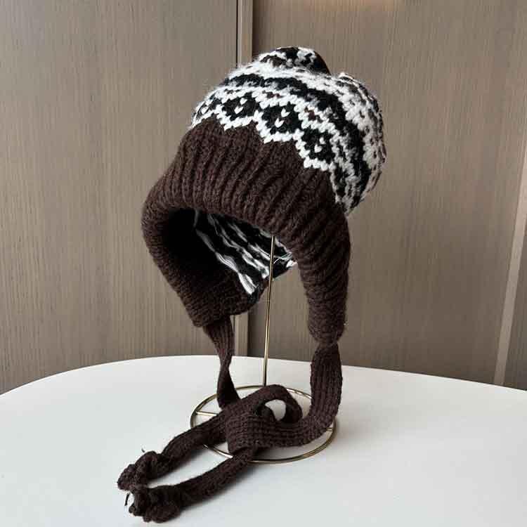 Fair Island Style Knitted Wool Hat Children's Winter New Lazy Straps Stacking Hat Thermal Ear Protection Bag Head