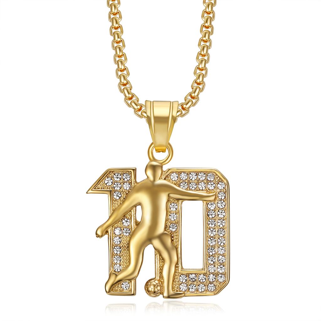 New Hot Selling Hip Hop Accessories Titanium Steel Gold Plated Diamond Inlaid Football Messi No. 10 Number Pendant Necklace