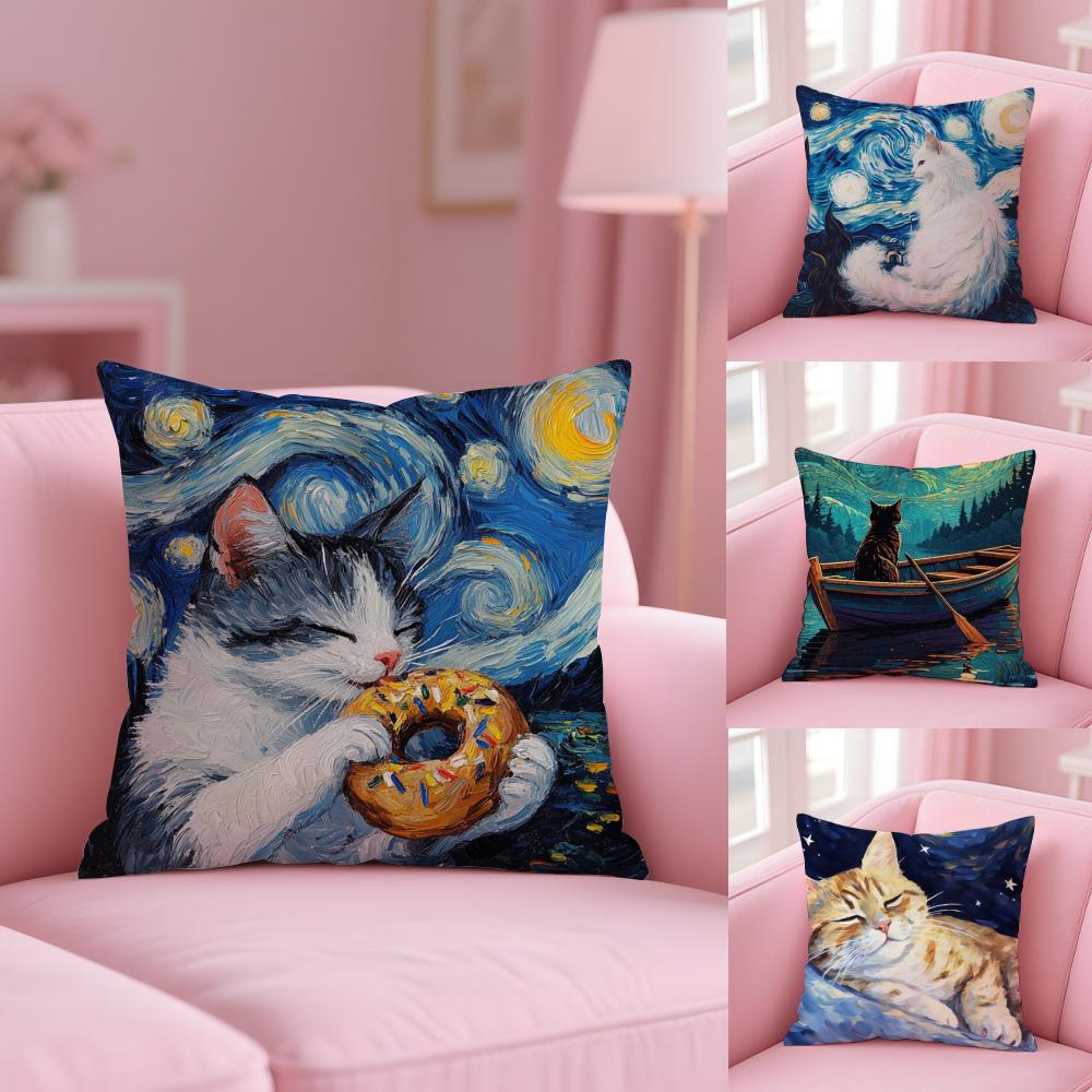 Van Gogh Starry Sky Kawaii Cat Pillow Case Plush Fabric Soft Double-Sided Printed Sofa Warm Winter Home Gift Cushion Cover