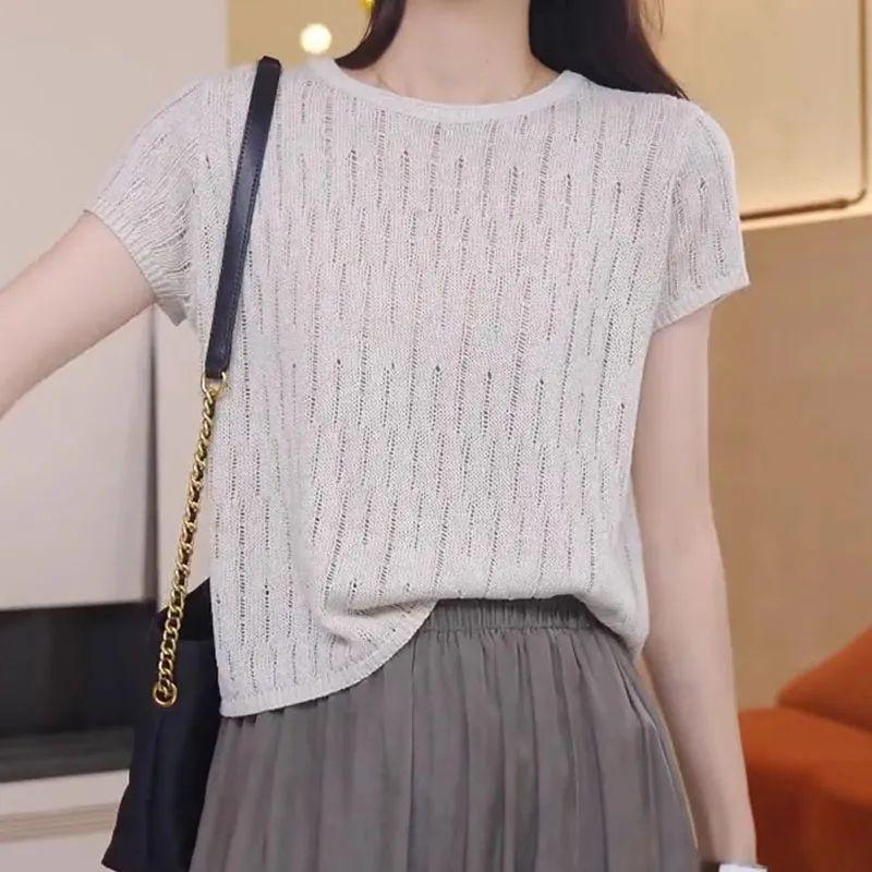 Summer Women's Round Neck Knitted T-shirt Casual Hollow Ice Silk Short Sleeved Knitted Shirt for Women