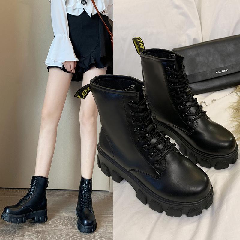 Botas Women Motorcycle Ankle Boots Wedges Female Lace Up Platforms Spring Black Leather Oxford Shoes Woman  Botas Mujer