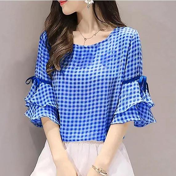 

GMXIA Women s Ruffled Hem Sleeve Party Ladies Holiday Plaid Shirt Top XXXXXL синий