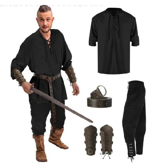 4 Pcs Halloween Men's Renaissance Costume Set Medieval Pirate Shirt Ankle Banded Pants Viking Belt Accessories