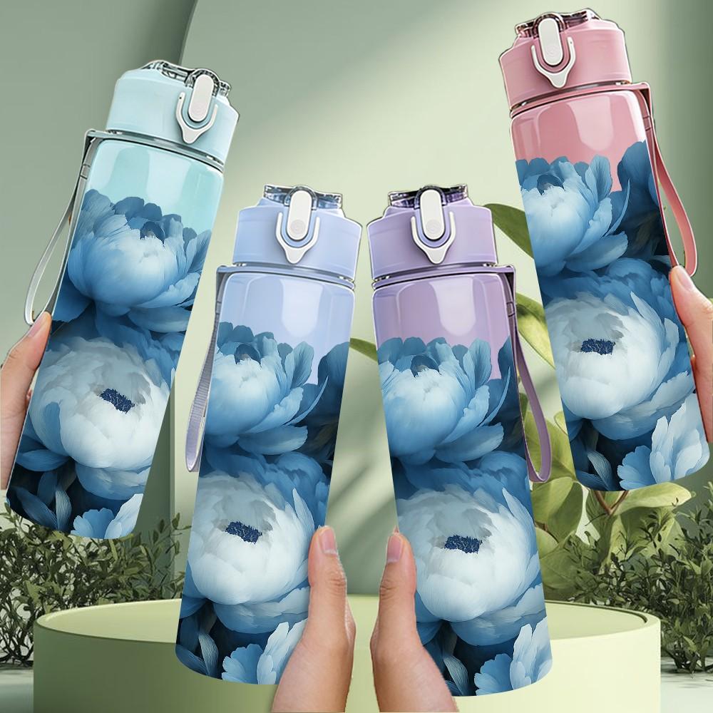 1PC Deep Blue Peony Rose Flower Print 750ml Color Plastic Sports Water Bottle Leakproof Flip Straw Lid Suitable for Sports Office Home Use