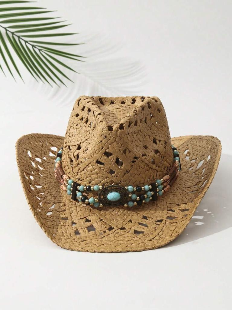 Unisex Turquoise Stone Decorated Hollow Straw Cowboy Hat Beach Summer Casual UV Protection
