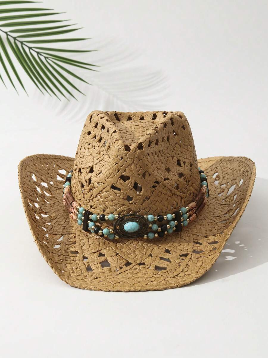 Zealous Sole Women's Khaki Unisex Turquoise Beaded Hollow Straw Cowboy Hat For Beach Summer Casual Uv Protection Cm