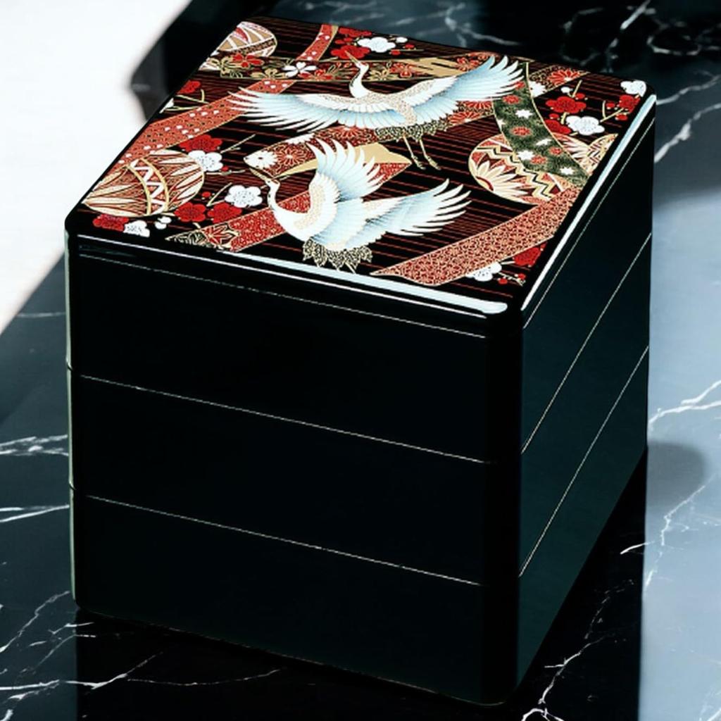 J-kitchens Lacquerware Jubako Box, 3 Tiers, 7.5 Inch, Deep, Black Temari Crane Design, 22cm, Resin, Made in Japan