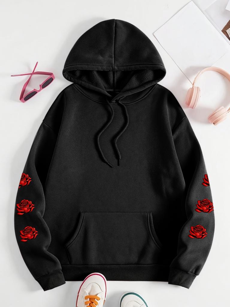 Oversized Y2K Skull and Rose Pattern - Hoodie - Soft Casual Long Sleeve Pocket, Comfortable Women's Oversized Daily Clothing