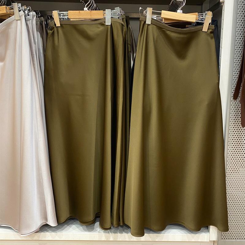 Saia Midi Longa Feminina Japonesa de Cetim Linha A - Design Drapado Emagrecedor para Primavera/Verão