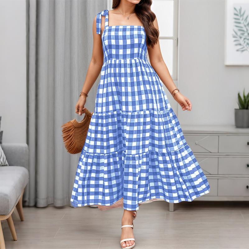 

ZANZEA Женское повседневное платье с квадратным вырезом, клетчатым принтом и шнуровкой, без рукавов 5XL синий