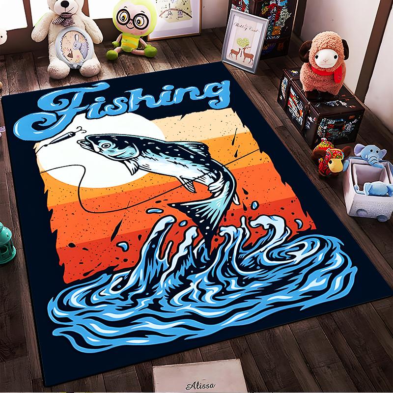 Fishing Theme Carpet with Jumping Fish and Sunset Design, Blue-Orange Suitable for use as an anti-slip for living room bedroom sofas