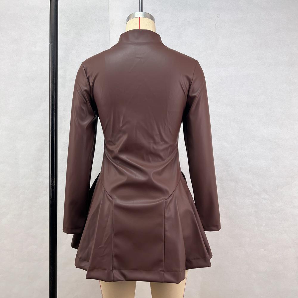 Women's Slim Long Sleeve Pleated Zip Casual Dresses