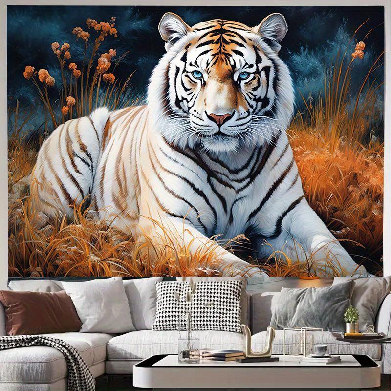 Elegante Tigre Bianco in Prateria Dorata Arazzo da Parete per Decorazione del Soggiorno, con un Ritratto Incredibilmente Dettagliato