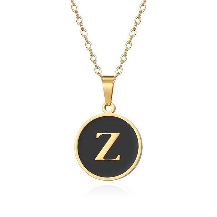 English letter oiled necklace, European and American trend titanium steel chain, round gold letter pendant collarbone chain