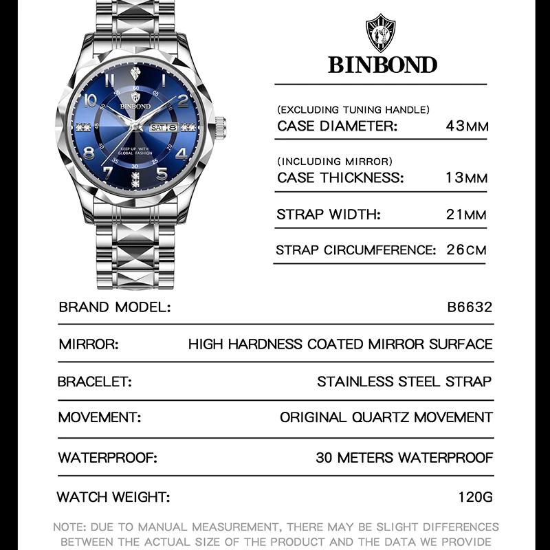 BINBOND Business Men Quartz Watch Rhombus Mirror Original Waterproof Luminous Stainless Steel Clock Male Date Week Wristwatch