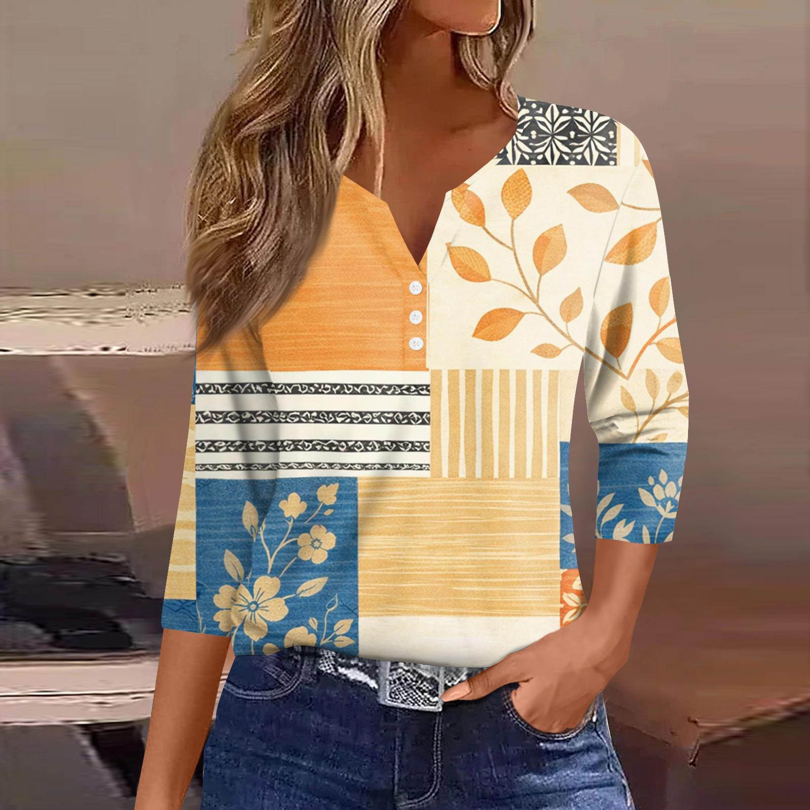 

Women s T Shirt Tee Printed Button Short Sleeve Tunic Daily Weekend Fashion Basic V- Neck Regular Top XL жовтий