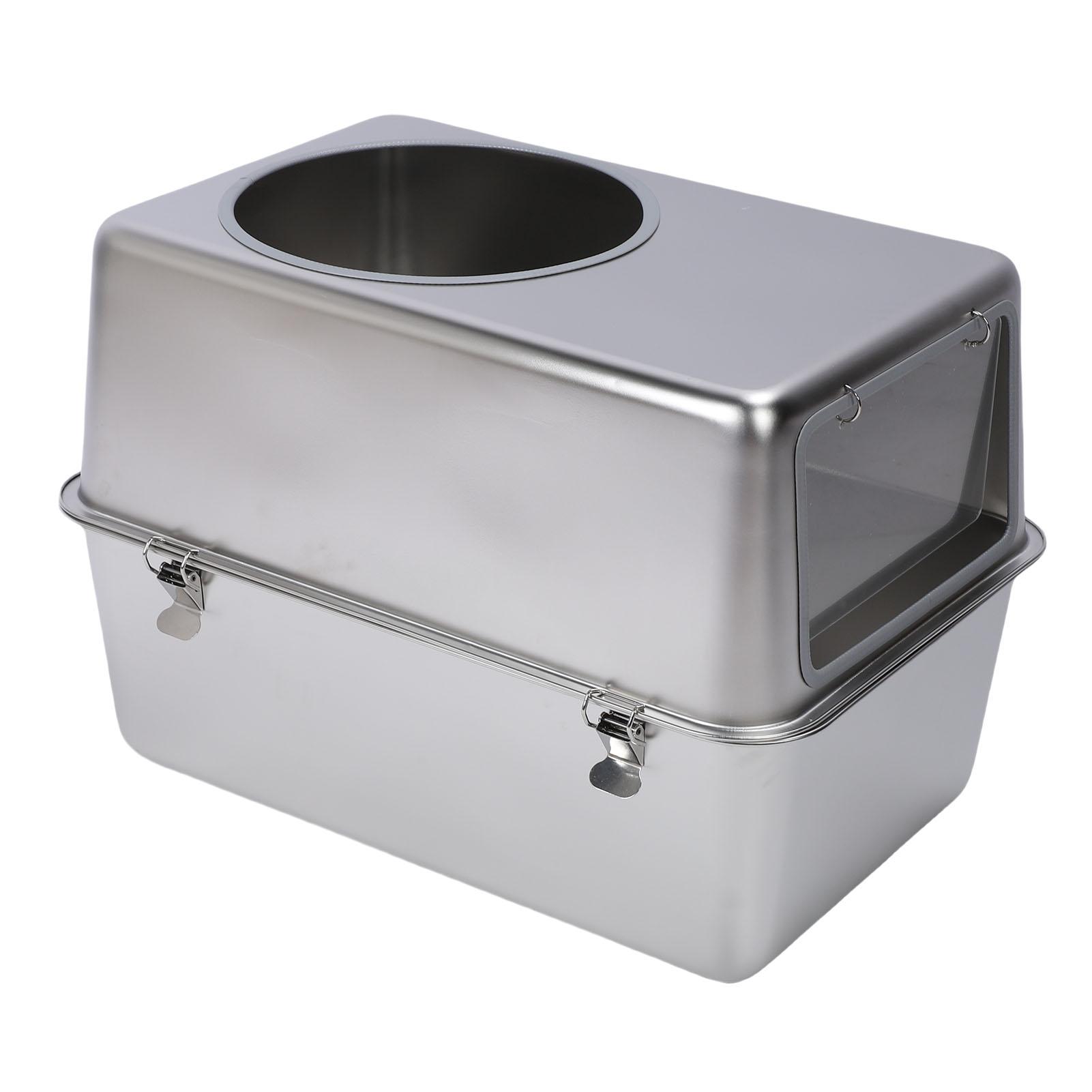 

Enclosed Stainless Steel Litter Box with Lid Metal Cat Litter Box High Side Top Entry Odor Control