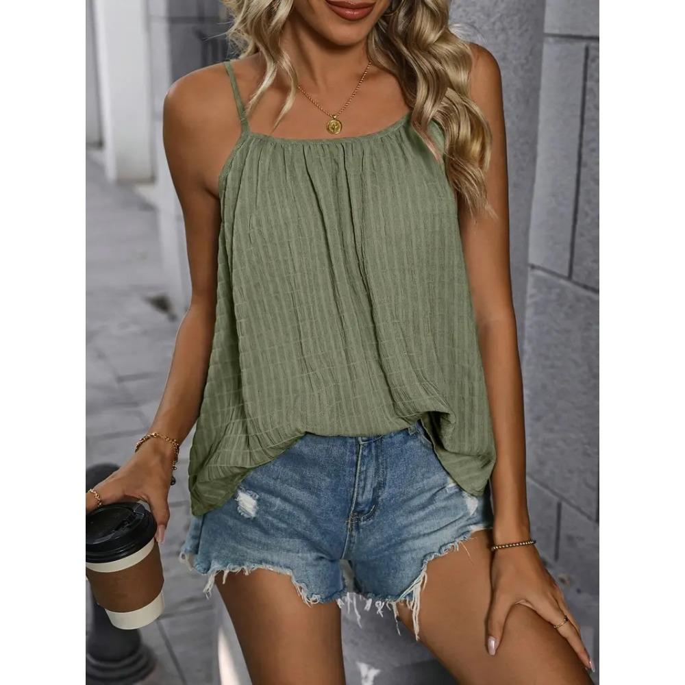 Plus Size Women Solid Color Loose Pleated Cami Tank Top