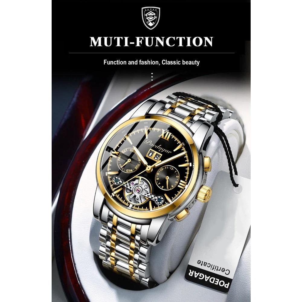 POEDAGAR Automatic Mechanical Watch Men Tourbillon Skeleton Wristwatch Calendar Week Display Leather Strap