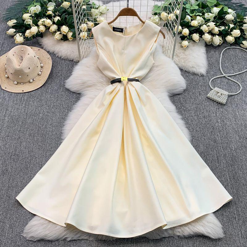

Elegant Sleeveless round Neck Formal Dress Long dress Women Summer High end Niche Birthday Exquisite Waist Hugging Slimming Big Hemline Dress Apricot 2XL