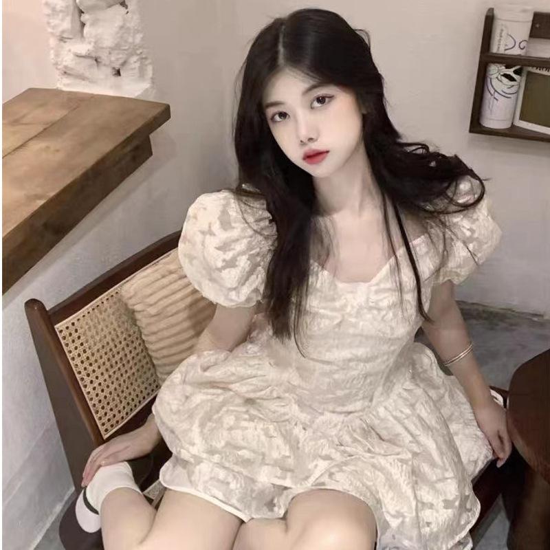 First Love White Moonlight Student Bubble Sleeve Dress Women's Summer New Jacquard Princess Style Short Tutu Dress