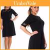 Women Round Collar Plus Size Pure Color Dress With Comfortable Cotton Blend Fabric