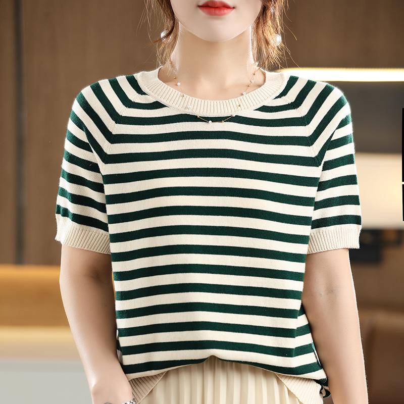 IHUASU Striped Cotton T-shirt Women's Summer Pullover Loose Versatile Half-sleeved Knitted Bottoming Shirt Short-sleeved