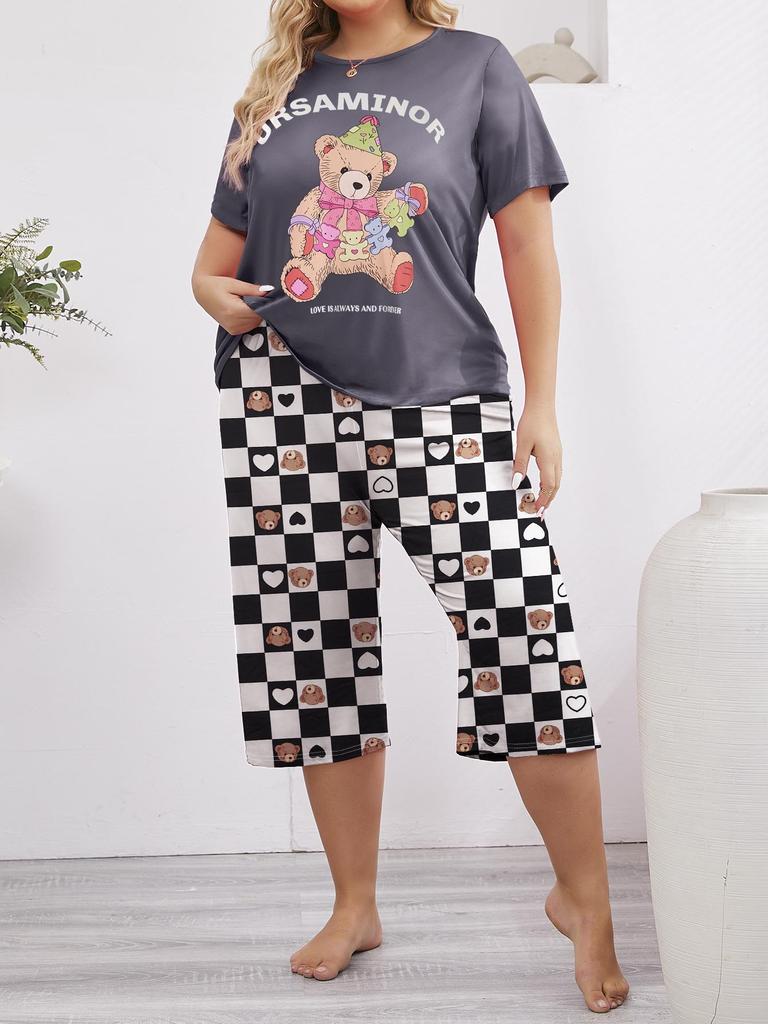 Summer Love Print Pajama Set: Short Sleeve Top & Seven-Point Pants, Plus Size