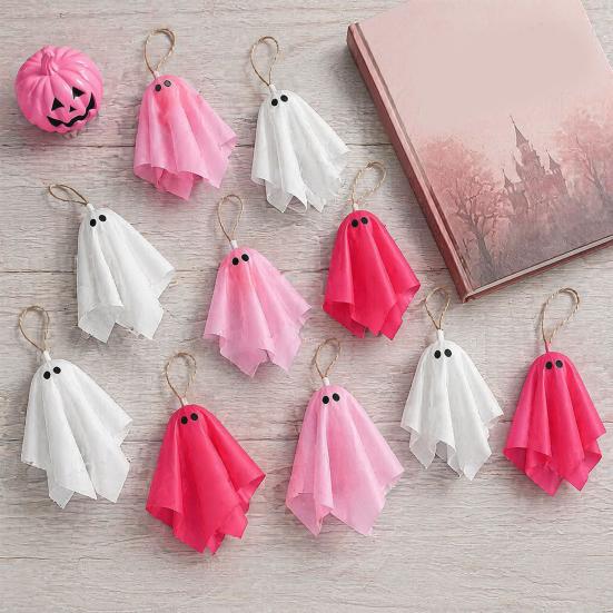 Whimsical Halloween Ghost Set Hanging Decor, Pastel Pink White Soft Matte Finish Pendant Fabric Ornaments, Cute Spooky Party Home Decor Aesthetic