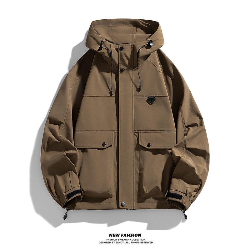 Jacket men's new spring and autumn solid color casual fattening plus size jacket loose hooded cargo men's coat