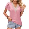 European and American Summer Solid Color V-neck Lace Splicing Petals Short-sleeved Loose T-shirt Top